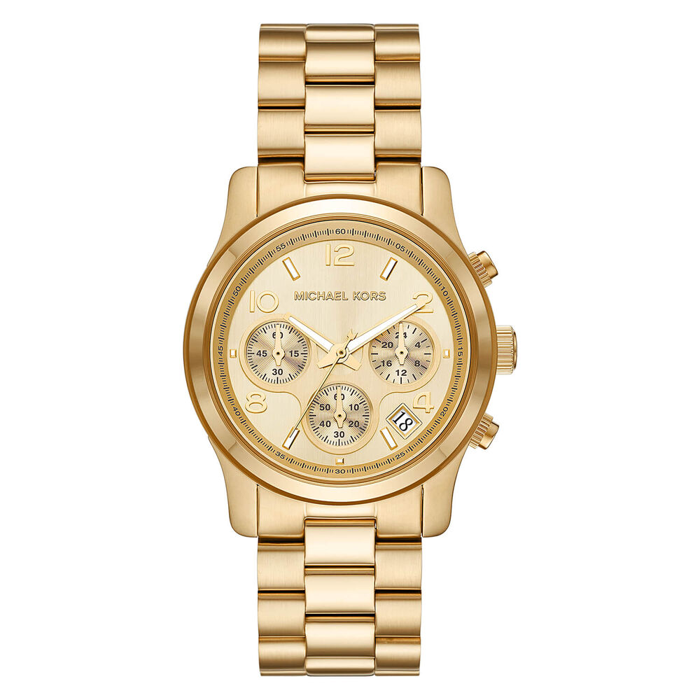 Michael Kors Runway 38mm Champagne Chrono Dial Yellow Gold PVD Bracelet Watch