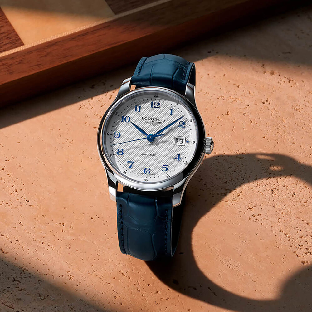 Longines Master Collection 39mm Silver Dial Blue Leather Strap Watch