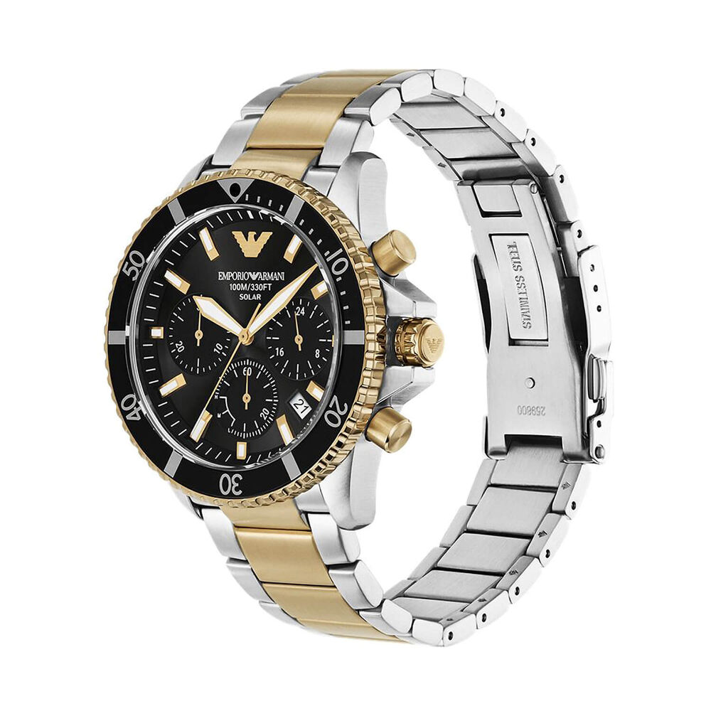 Emporio Armani World Explorer Chronograph 43.5mm Black Dial Two Tone Steel Bracelet Watch