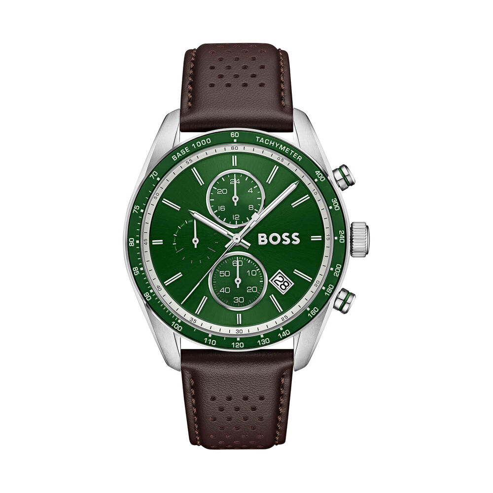 BOSS Grand Prix Vitesse 44mm Green Dial Dark Brown Leather Strap Watch