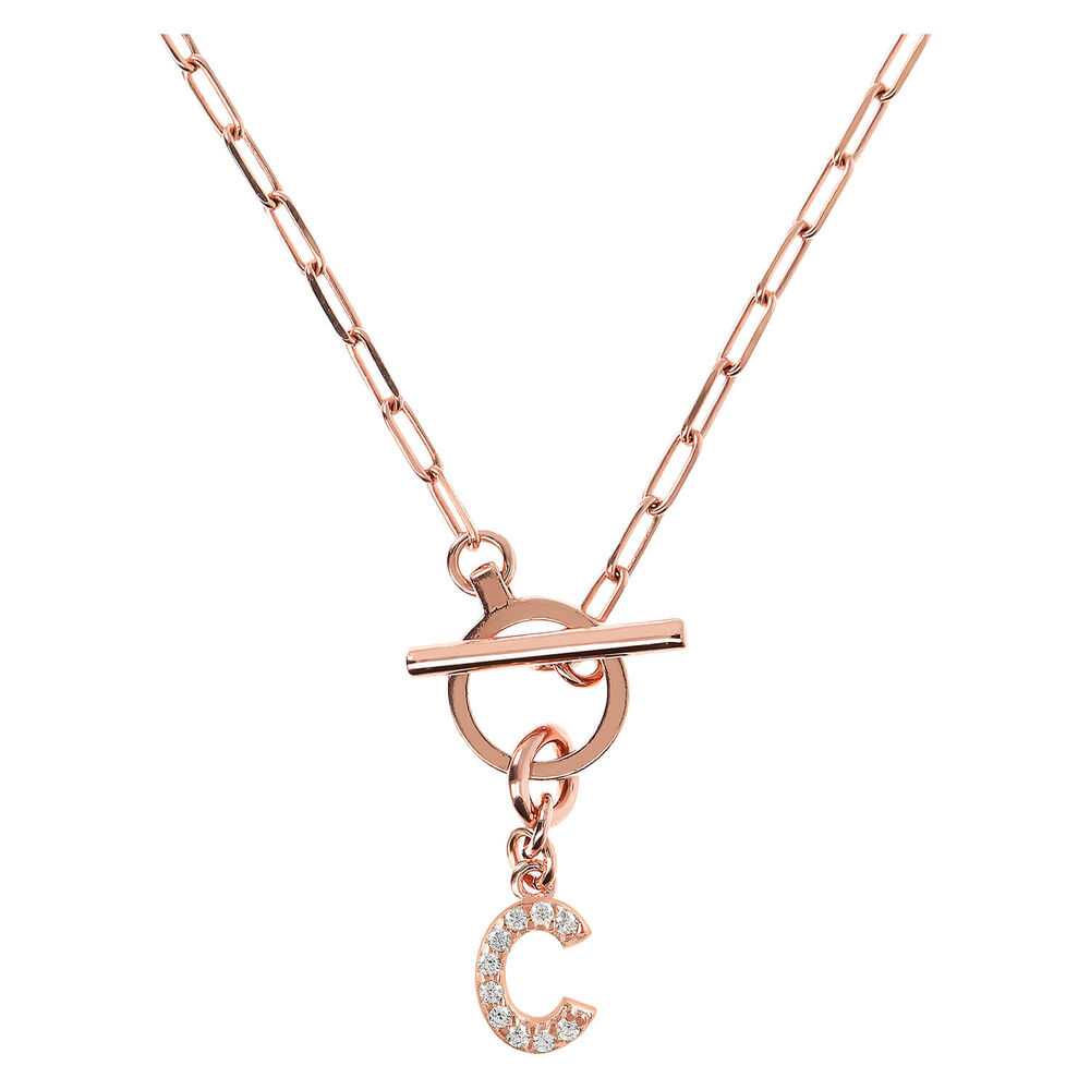 Bronzallure Mini Paper Link With Latter C Pave And T-Bar Necklace