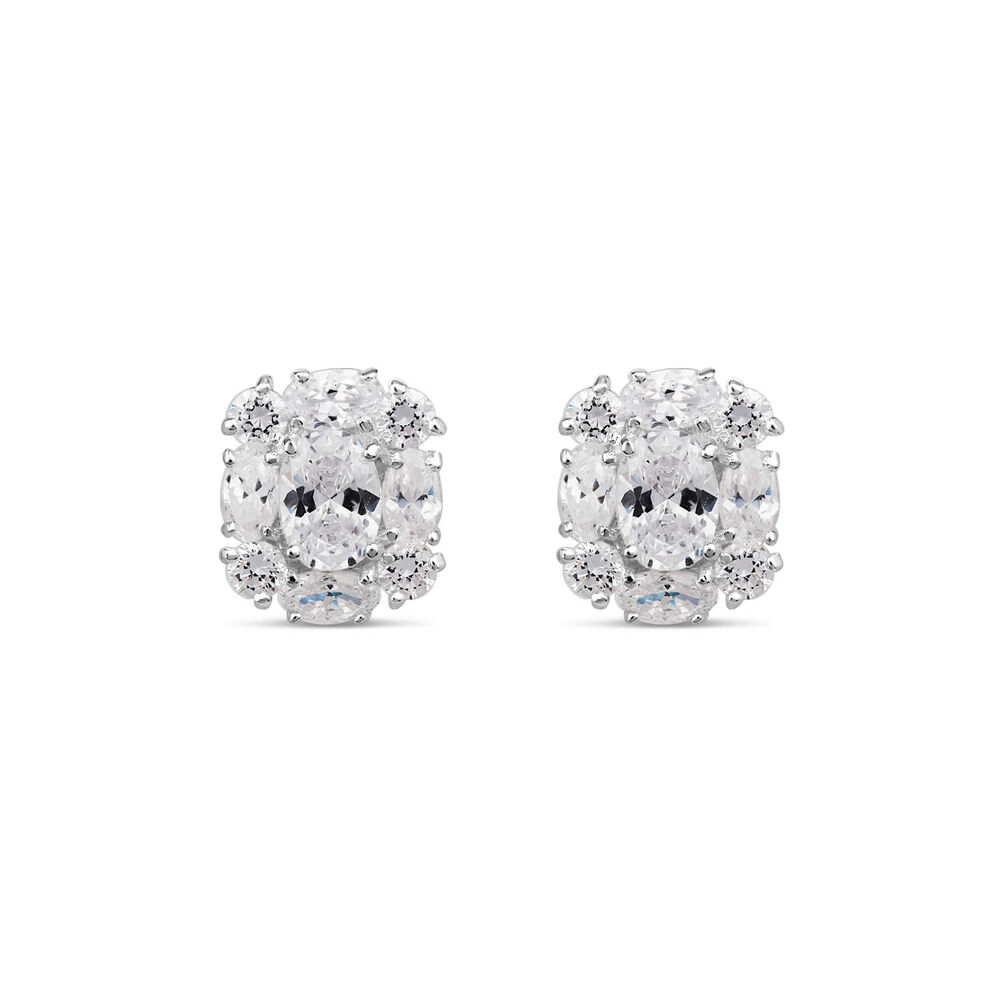 Sterling Silver Square Setting Pear and Round Cubic Zirconia Cluster Studs