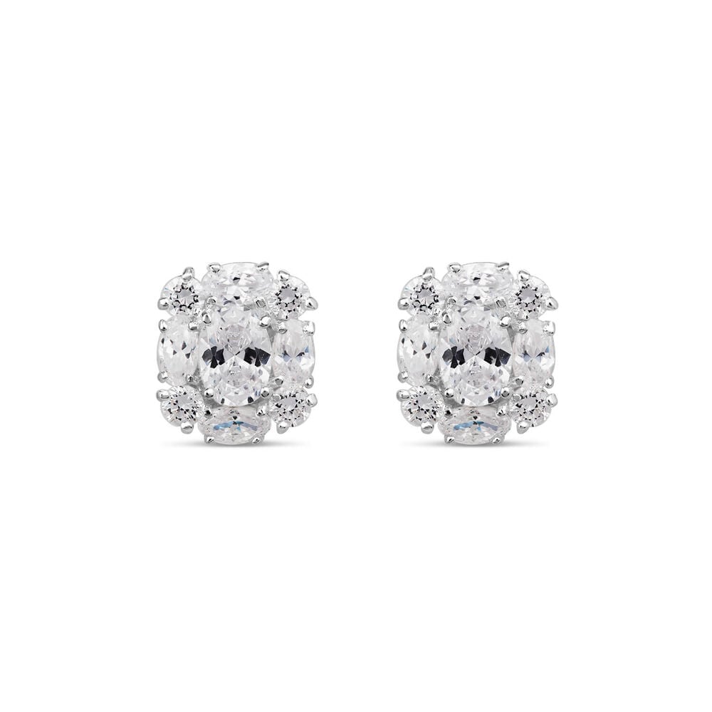 Sterling Silver Square Setting Pear and Round Cubic Zirconia Cluster Studs image number 0