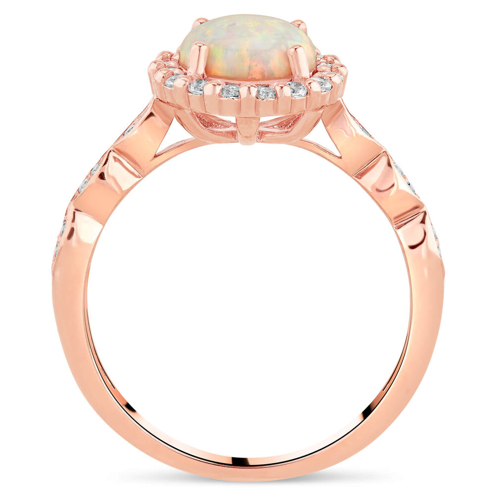 9ct Rose Gold Created Opal Cubic Zirconia Halo & Fancy Sides Ring image number 2