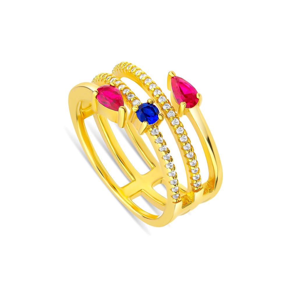 Sterling Silver Yellow Gold Plated Multi Colour Cubic Zirconia Four Strand Wrap Ring