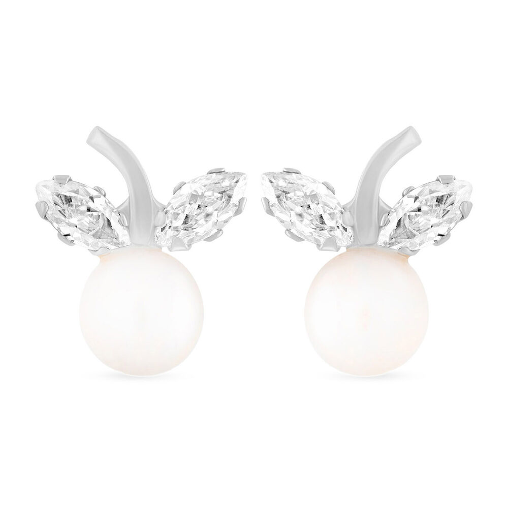 9ct White Gold Freshwater Pearl & Cubic zirconia Flower Stem Earrings image number 0
