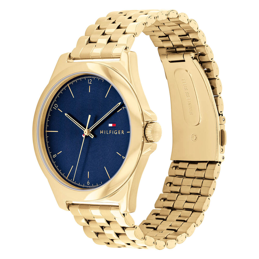 Tommy Hilfiger 42mm Blue Dial Yellow Gold IP Steel Bracelet Watch