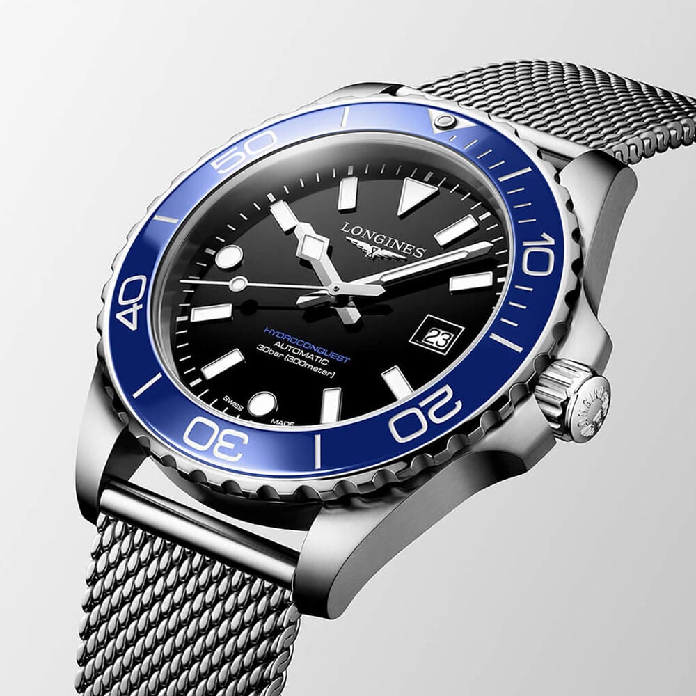 Longines HydroConquest 42mm Black Dial Blue Bezel Steel Bracelet Watch