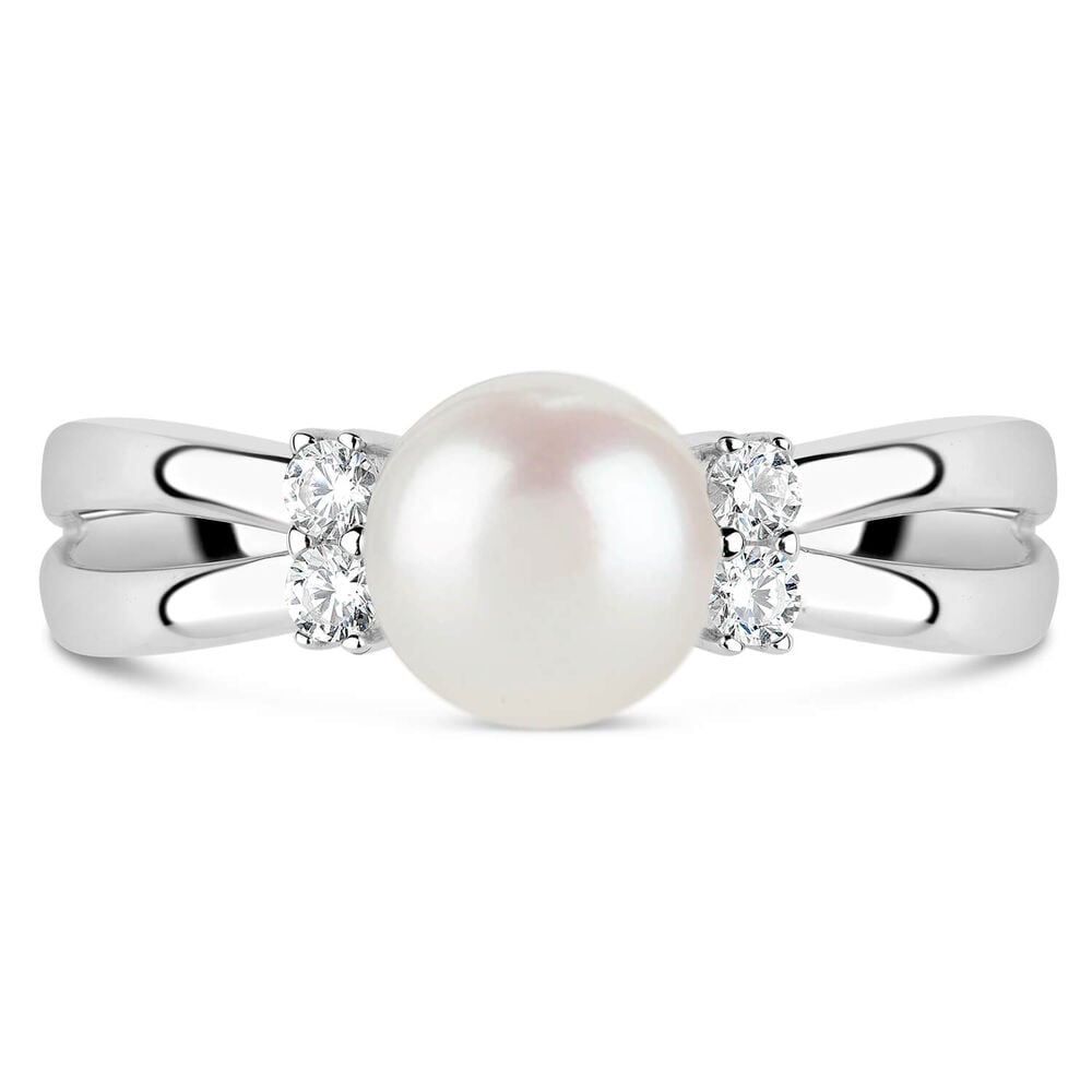 Sterling Silver Pearl and Cubic Zirconia Split Shoulder Ring image number 8