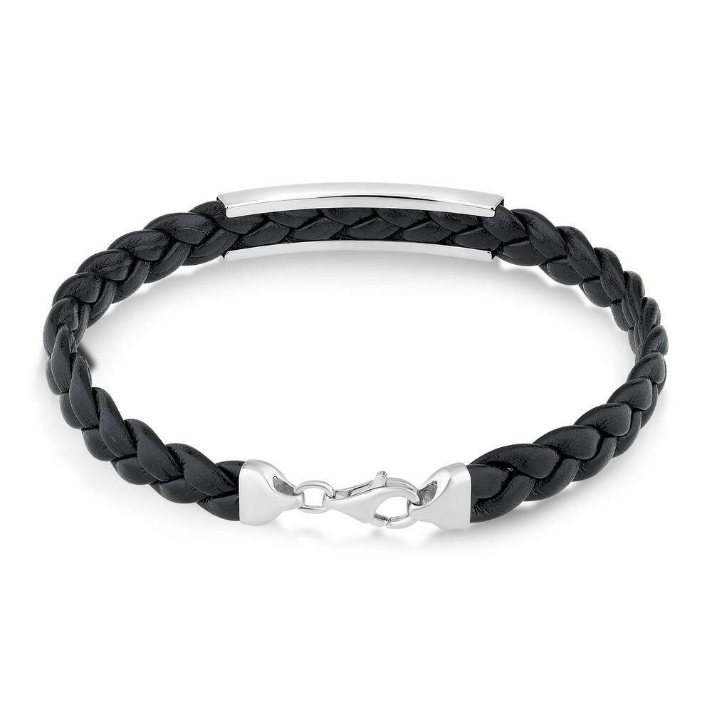 Sterling Silver Plaited Leather Mens Bracelet image number 1