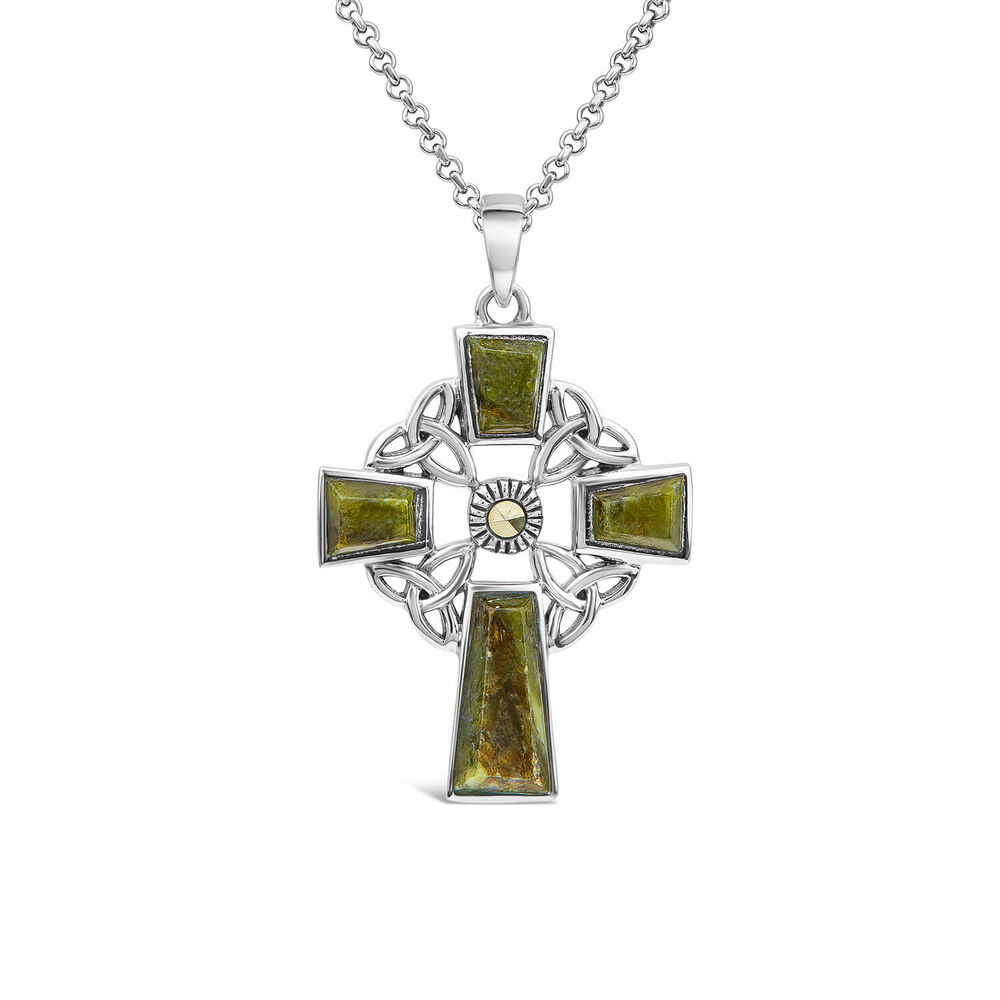 Silver Connemara Marble Marcasite Trinity Knot Cross Pendant image number 0