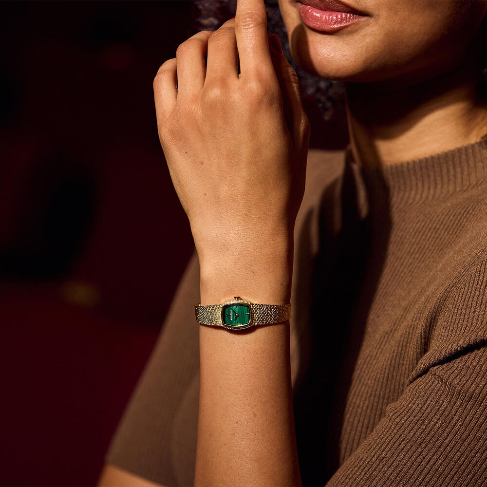 Bulova Goddess of Time 17mm Green Malachite Dial Gold Tone Steel Mesh Bracelet Watch image number 5