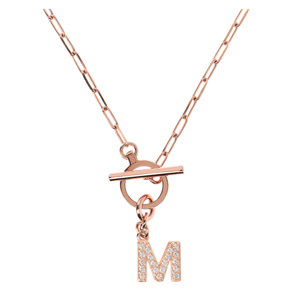 Bronzallure Mini Paper Link With Latter M Pave And T-Bar Necklace