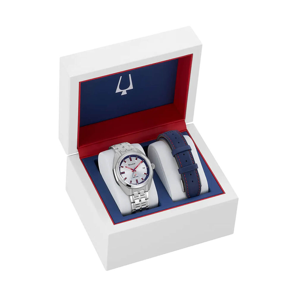 Bulova Jet Star Limited Edition 40mm Silver Dial Steel Bracelet & Blue Leather Strap Watch image number 5