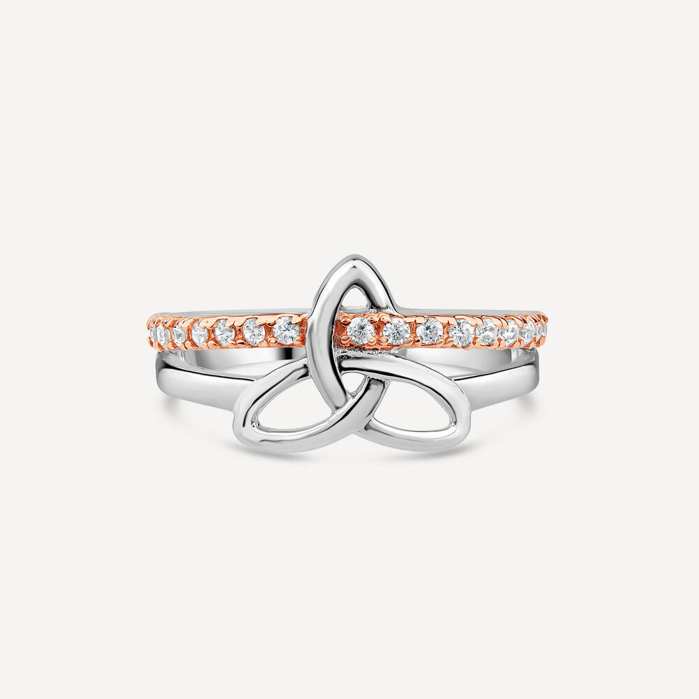 Sterling Silver Rose Gold Plated Trinity Knot Cubic Zirconia Ring image number 1