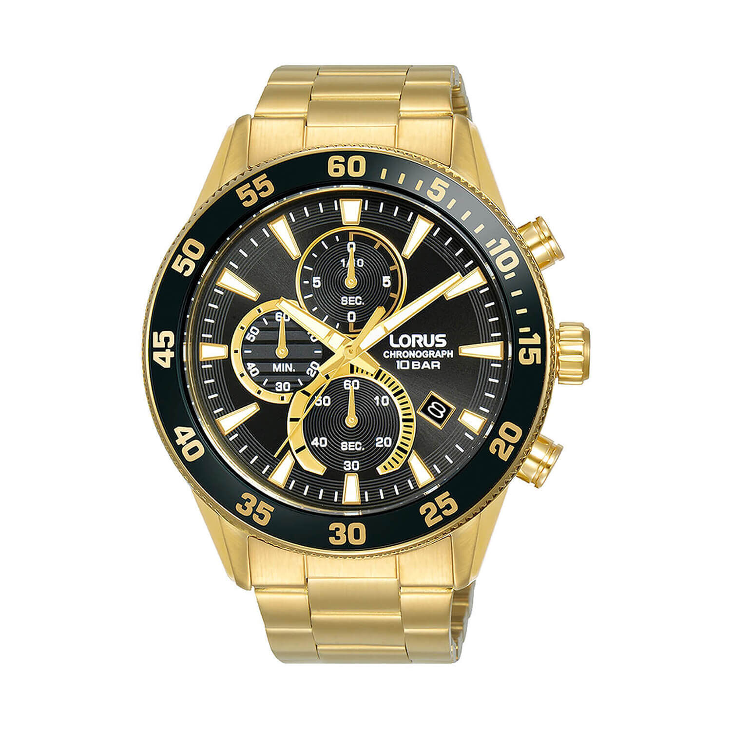 Lorus Quartz Chronograph 45mm Black Dial Gold Bracelet Watch