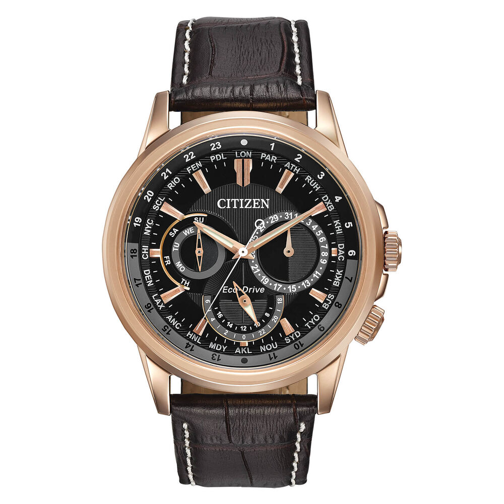 Citizen Eco Drive Calendrier World Time Black & Rose Gold Chronograph Dial Leather Strap Watch