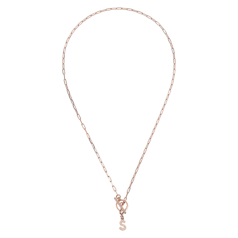 Bronzallure Mini Paper Link With Latter S Pave And T-Bar Necklace