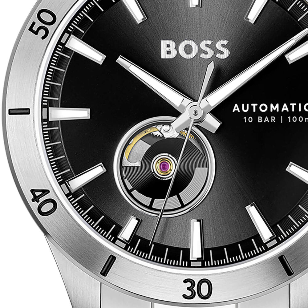 BOSS Troper Automatic 42mm Black Open Heart Dial Steel Bracelet Watch