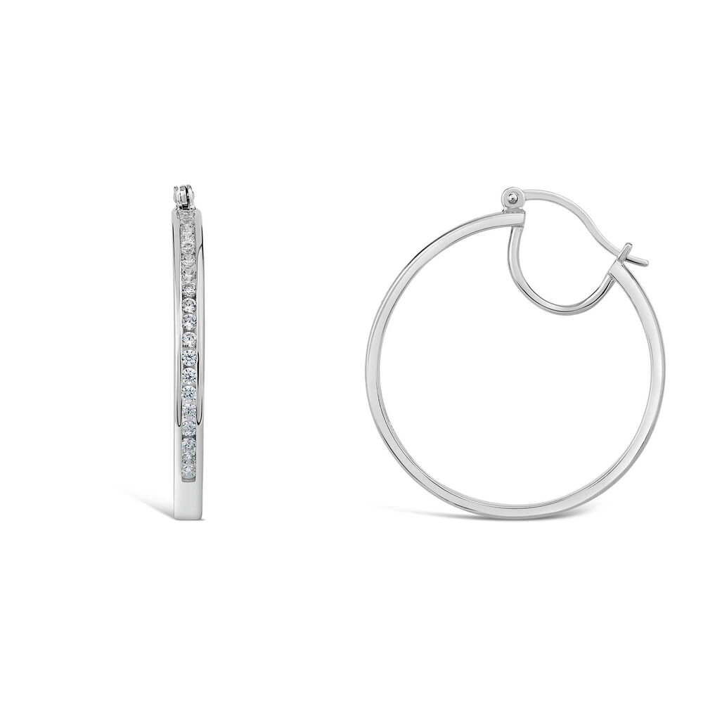 Sterling Silver Half chain Cubic Zirconia Half Polished Hoop Earrings image number 2