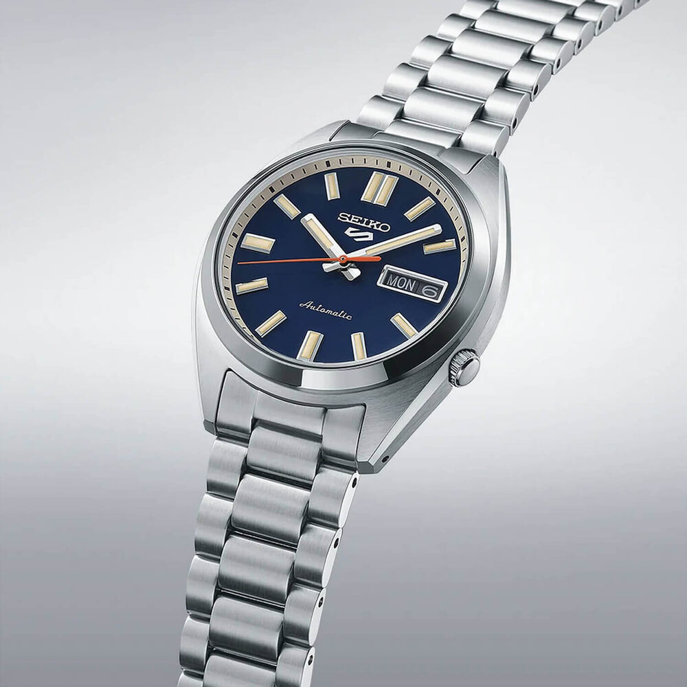 Seiko 5 Sports SNXS ReInterpretation 37mm Blue Dial Steel Bracelet Watch image number 2
