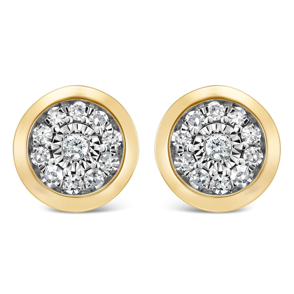 9ct Yellow Gold Illusion 0.10ct Diamond Set Rubover Cluster Stud Earrings