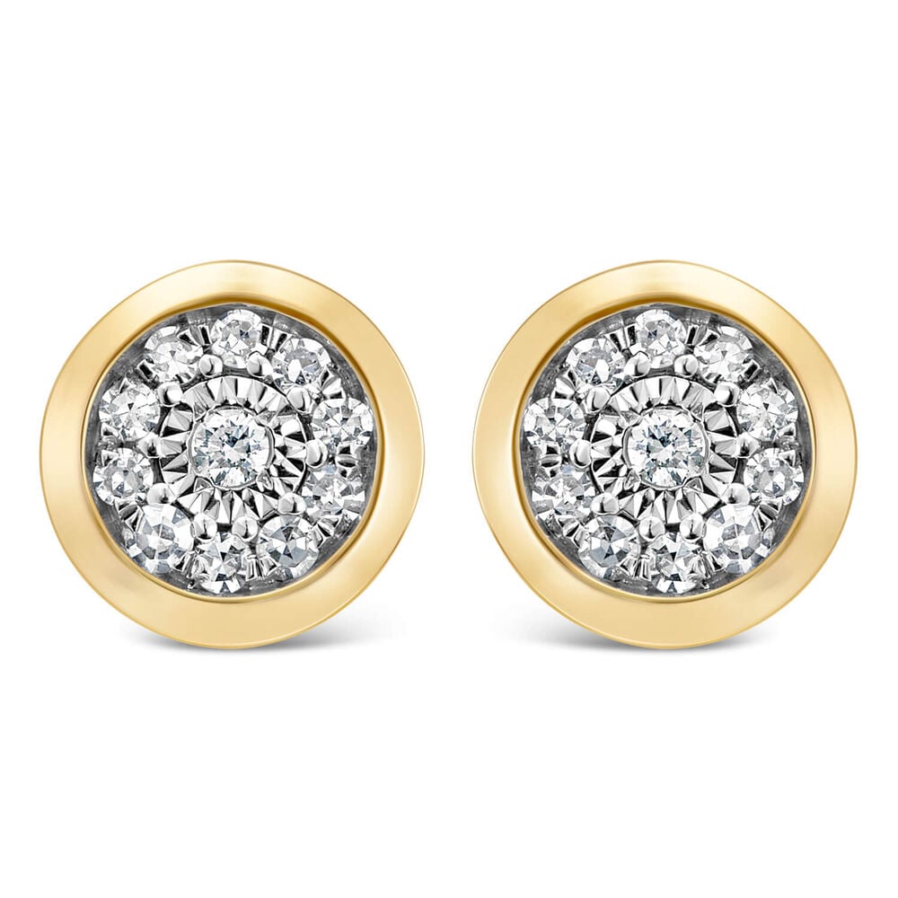 9ct Yellow Gold Illusion 0.10ct Diamond Set Rubover Cluster Stud Earrings