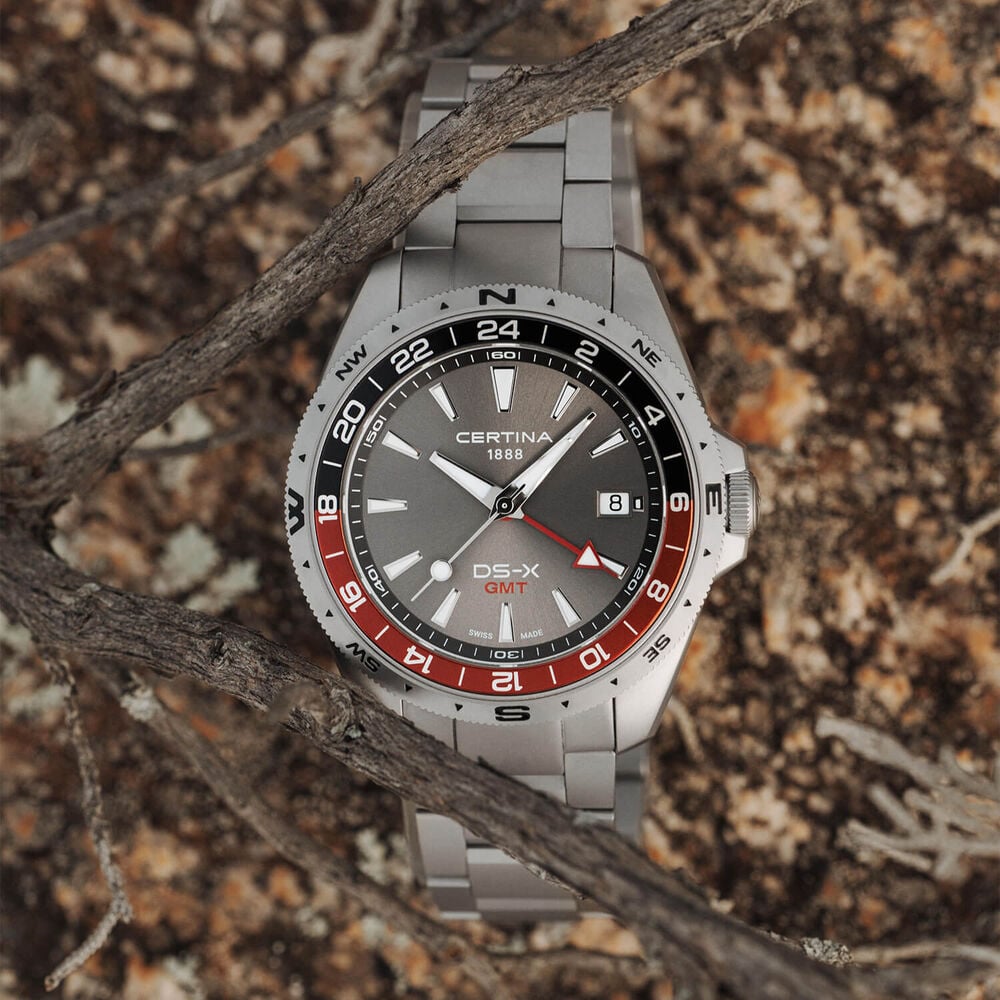 Certina DS-X GMT 41mm Grey Dial Grey & Red Bezel Stainless Steel Bracelet Watch image number 5