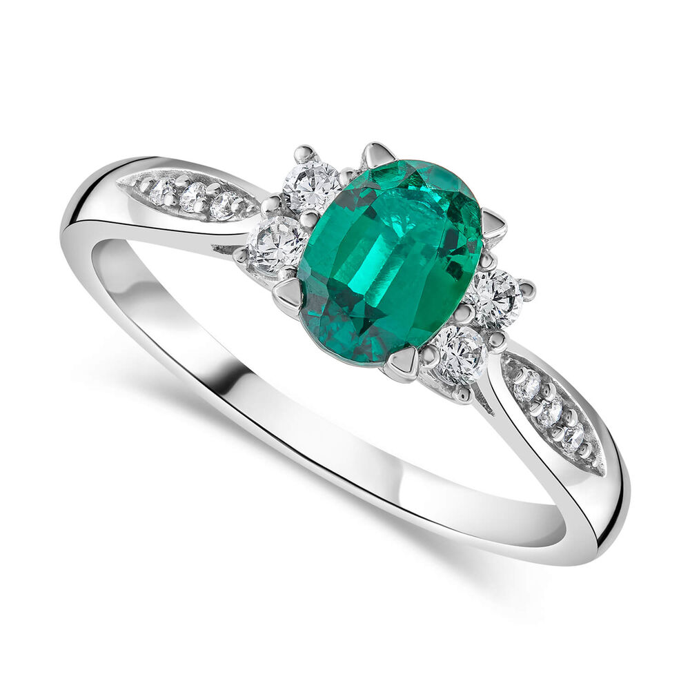 9ct White Gold Created Emerald & Cubic Zirconia Sides Ring