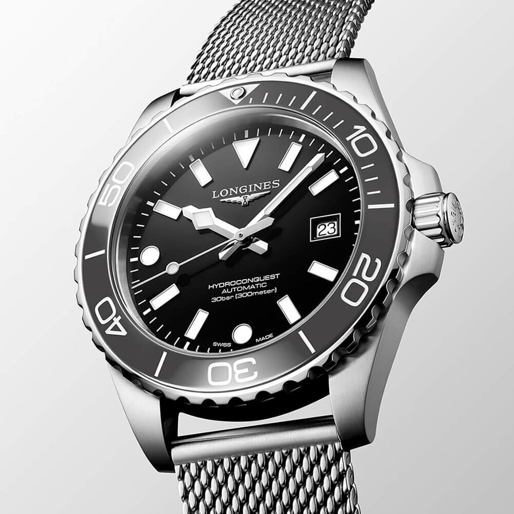 Longines HydroConquest 42mm Black Dial Grey Bezel Steel Bracelet Watch