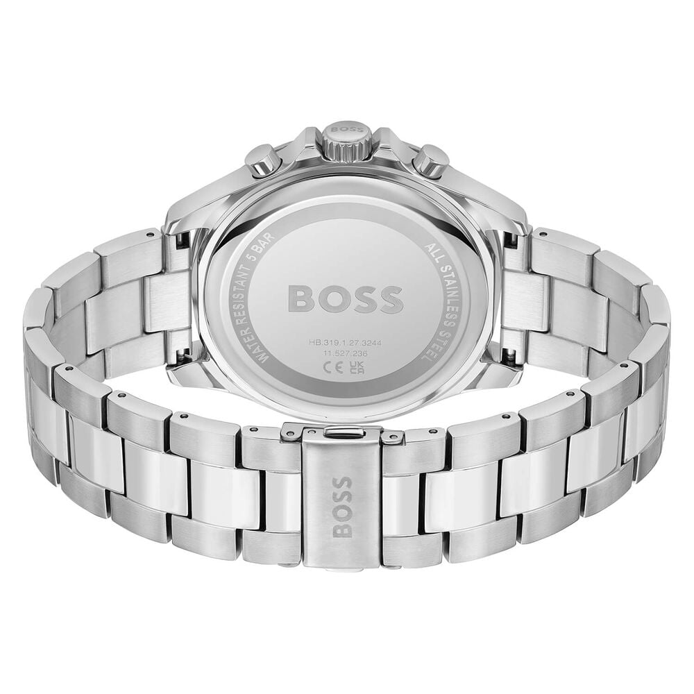 BOSS Troper 44mm Black Dial Chronograph Red & Blue Bezel Steel Bracelet Watch image number 2