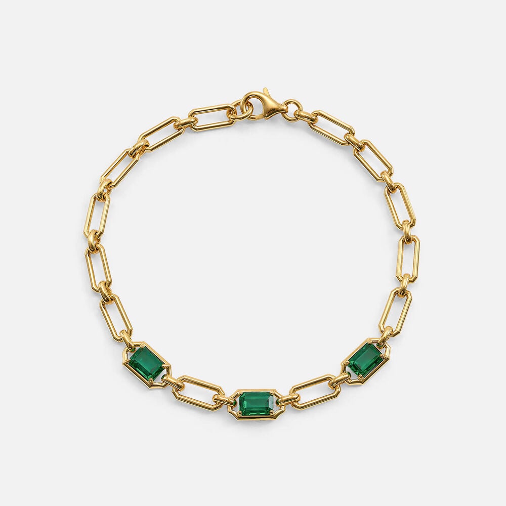 Yellow Gold Plated Vermeil Sterling Silver Created Emerald Rectangular Link Bracelet