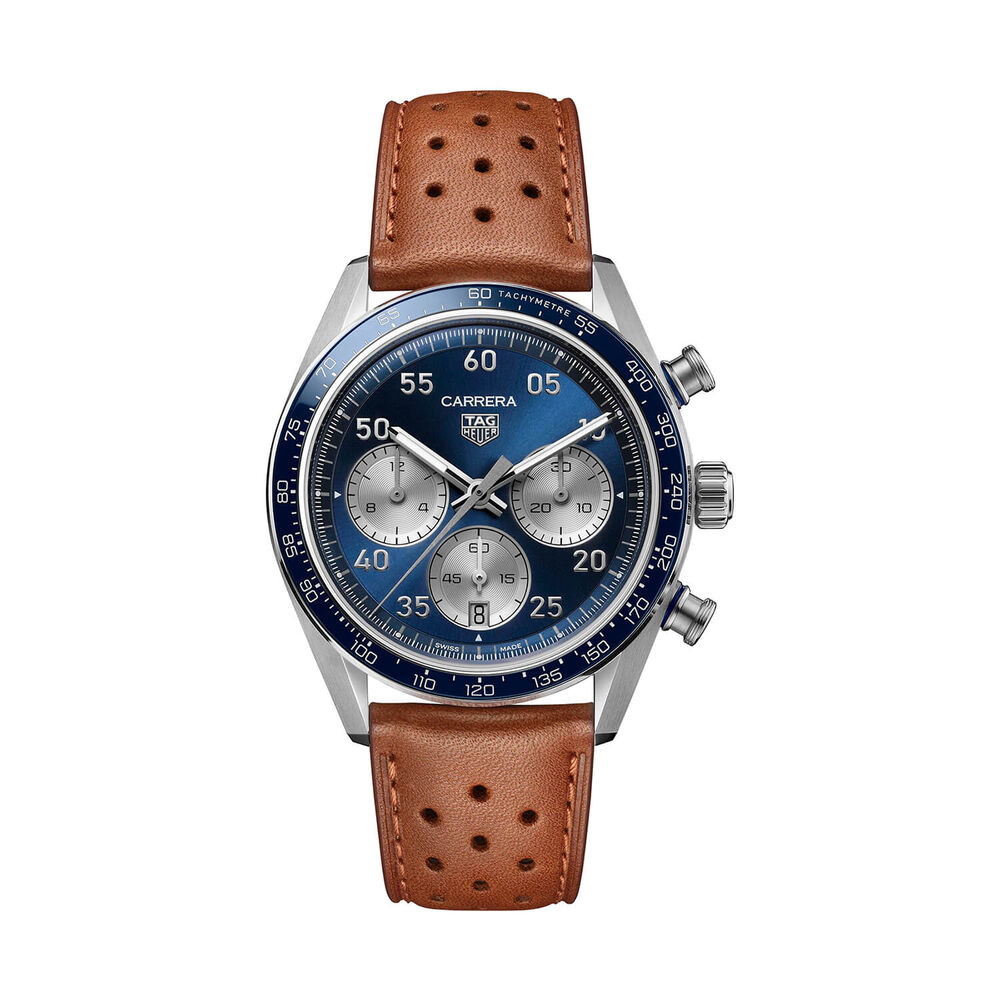 TAG Heuer Carrera Chronograph Sport 42mm Blue Dial Brown Leather Strap Watch