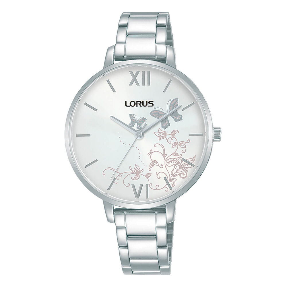 Lorus White Dial Butterfly Motif Steel Case Bracelet Watch