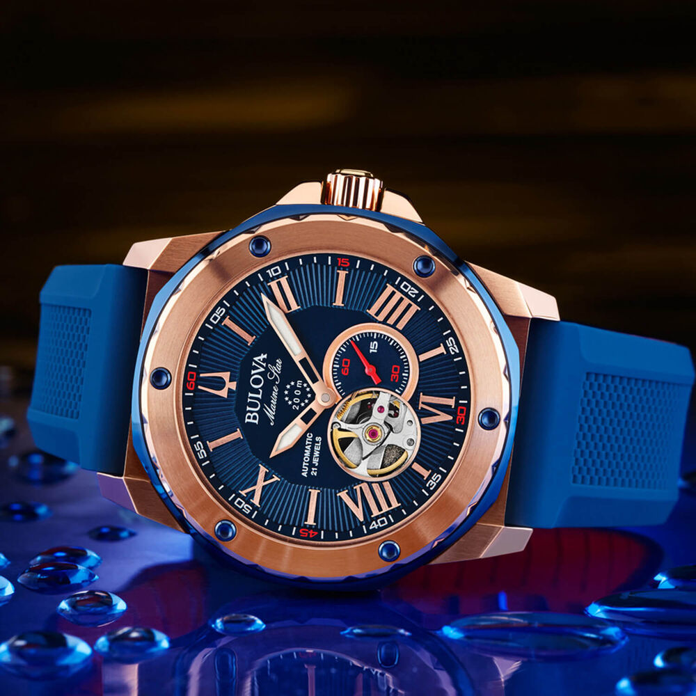 Bulova Marine Star Series A Automatic 45mm Blue Dial Rose Gold Tone Case Silicone Strap Watch image number 9