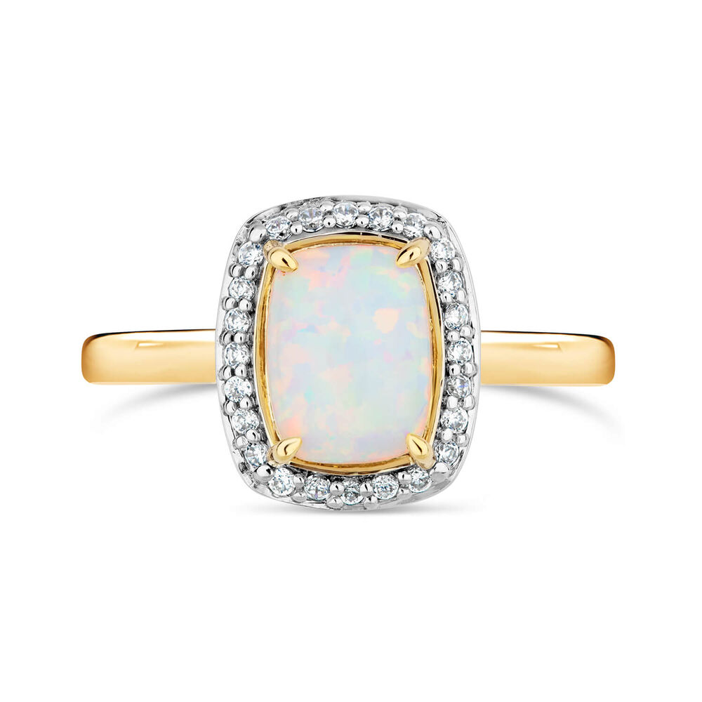 9ct Yellow Gold Rectangle Opal in Cubic Zirconia Frame Ladies Ring