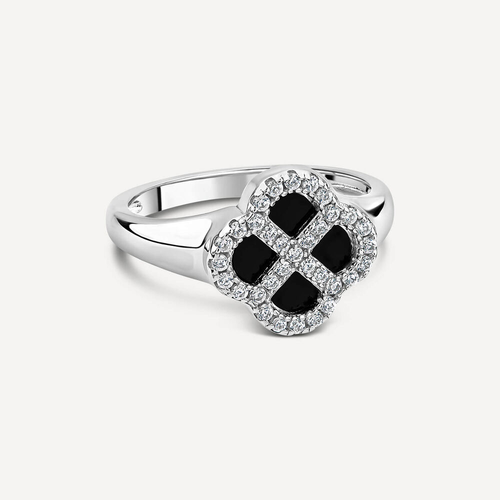 Sterling Silver Black Centre Cubic Zirconia Clover Petal Ring image number 2