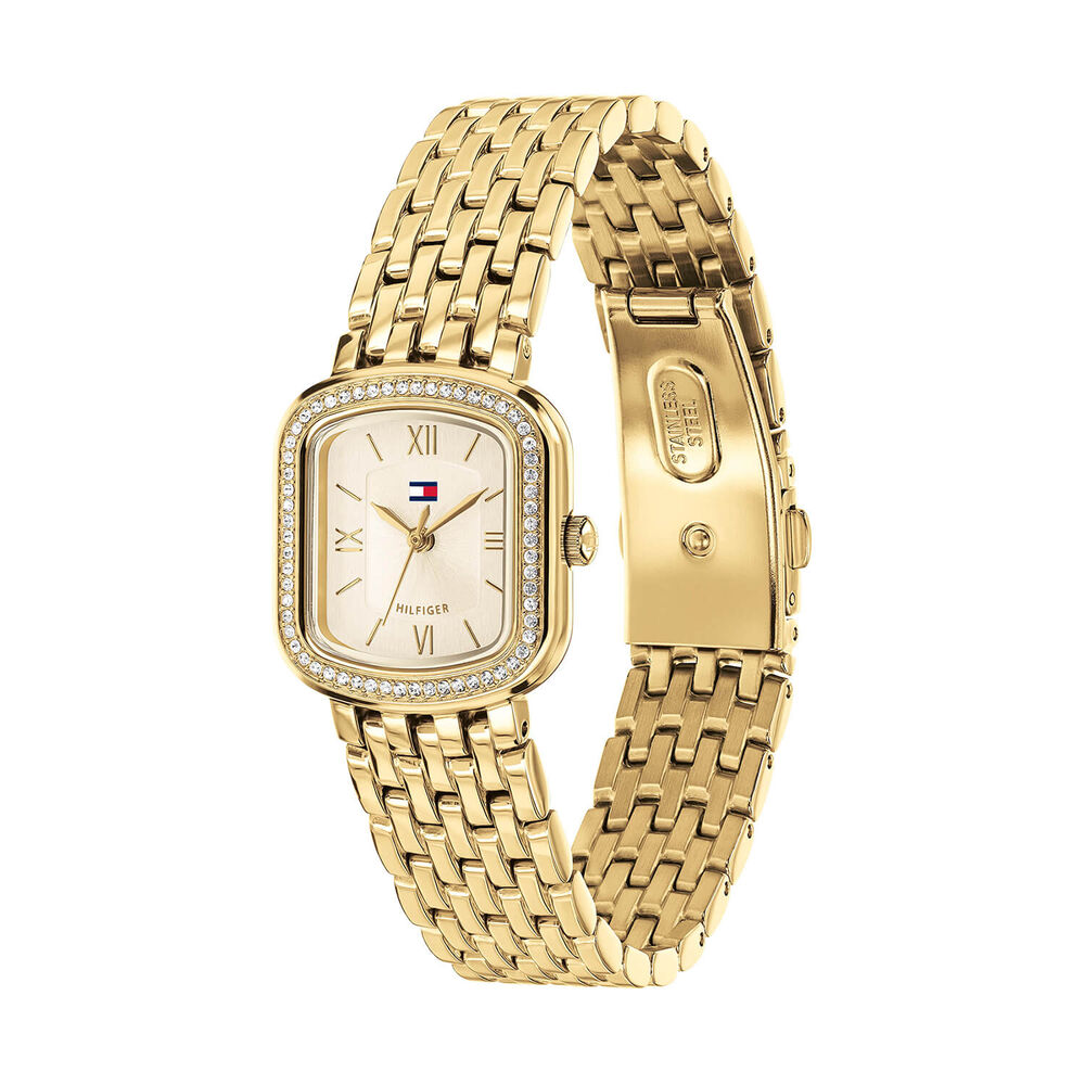 Tommy Hilfiger 24x22.5mm Champagne Dial Crystal Bezel Gold Tone Steel Bracelet Watch