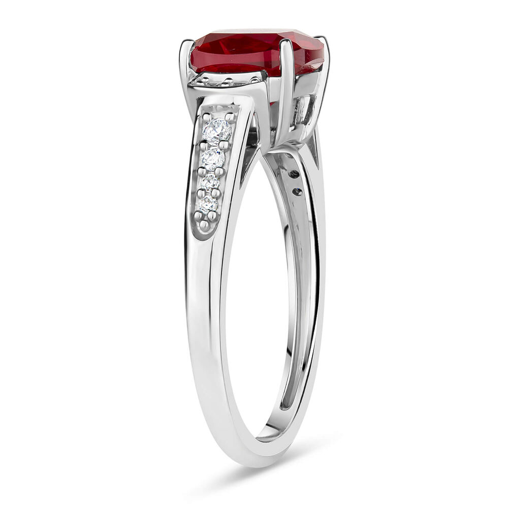 9ct White Gold Cushion Simple Ruby With Cubic Zirconia Shoulders And Sides Ladies Ring image number 3