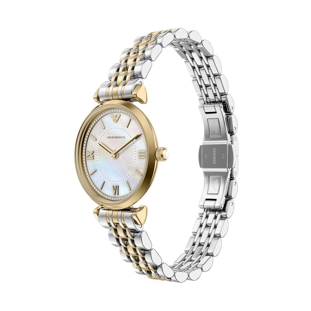 Emporio Armani 32mm MOP Dial Two Tone Steel Bracelet Watch & Gold Tone Bracelet Gift Set