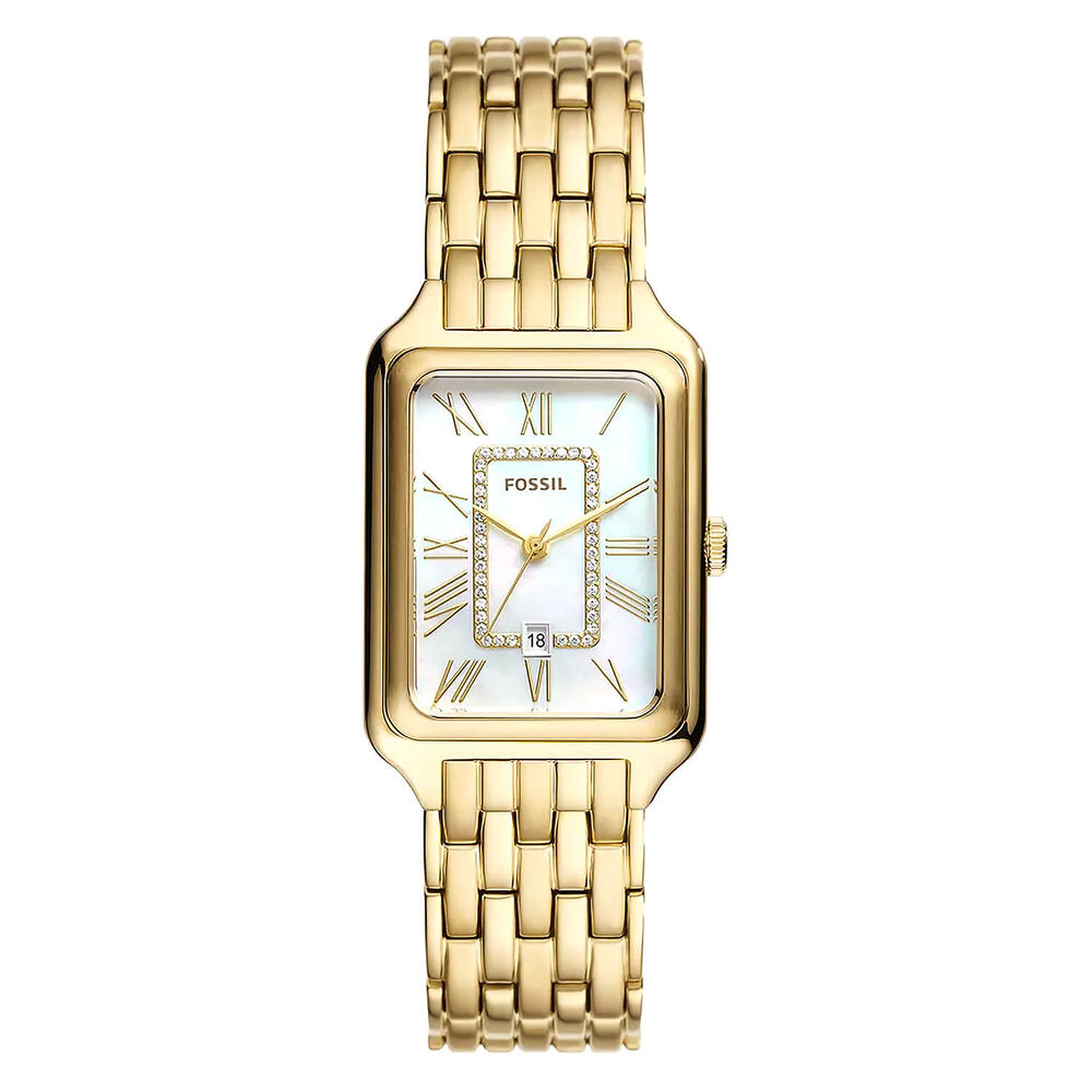 Fossil Raquel 26mm Rectangular Pearlised Dial Yellow Gold IP Case & Bracelet Watch image number 0