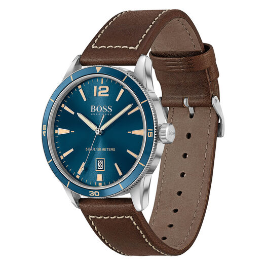 Hugo BOSS Drifter 42mm Blue Dial Steel Case Brown Strap Watch