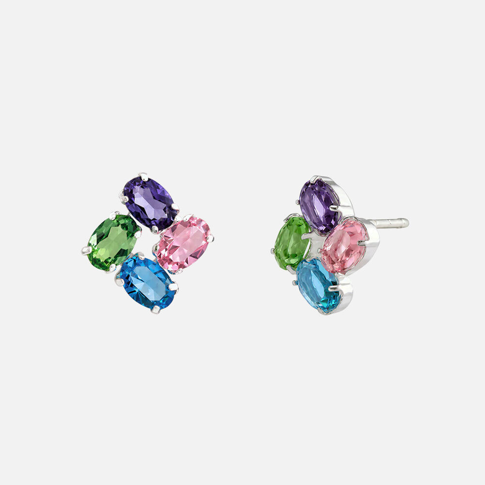 Sterling Silver 4 Multi Colour Oval Cubic Zirconia Stud Earrings