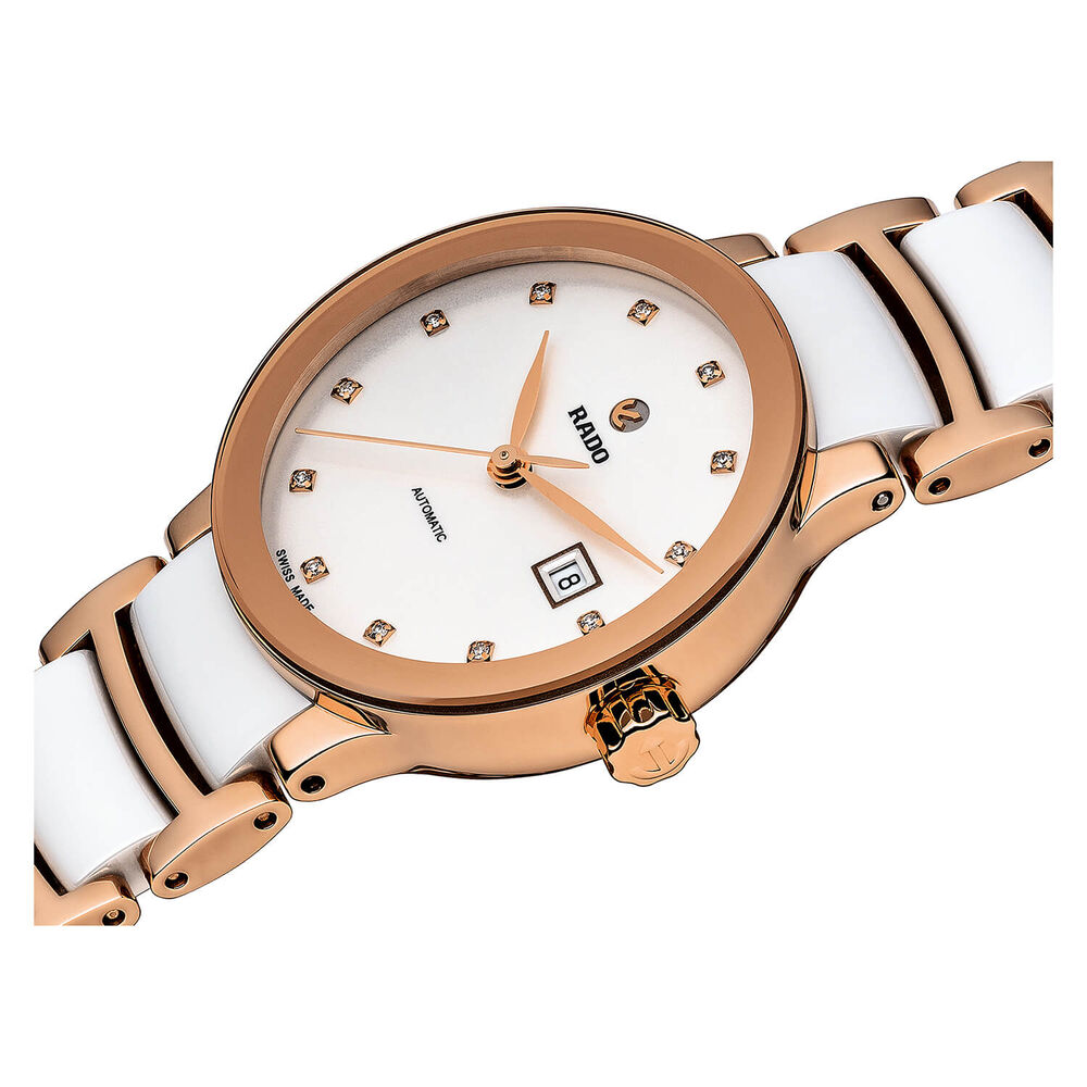 Rado Centrix ladies' automatic diamond-set rose gold-tone and white ceramic bracelet watch