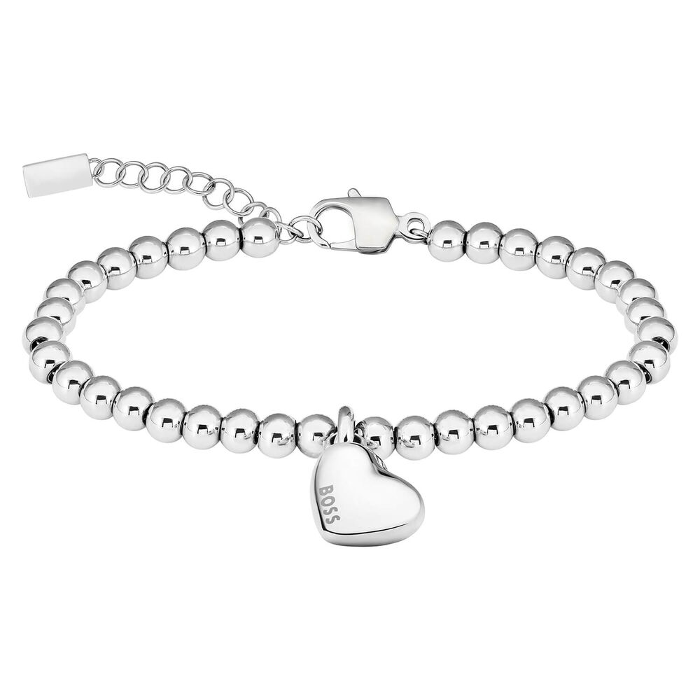 BOSS Stainless Steel Heart Pendant Beaded Bracelet image number 1