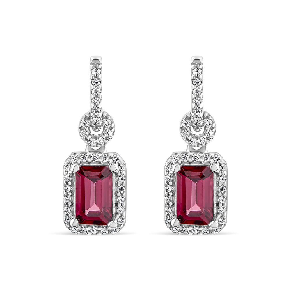 9ct White Gold Rectangular Rhodolite Garnet & 0.10ct Diamond Halo Drop Earrings
