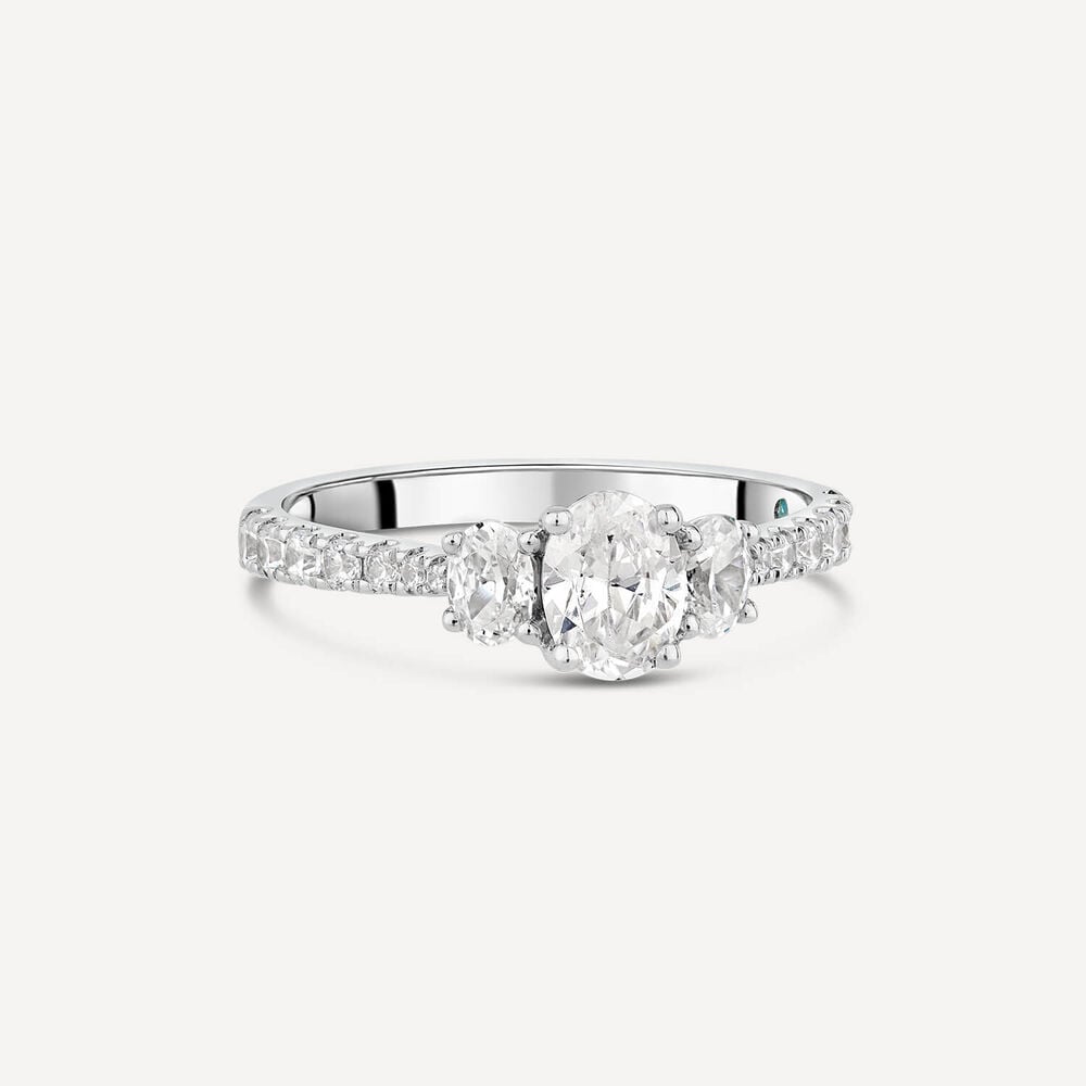 Kathy de Stafford 18ct White Gold Coco 3 Stone Oval Diamond with 1c Side Stone Set Shoulders Ring image number 2