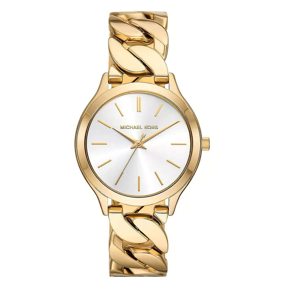 Michael Kors Slim Runway 38mm White Dial Yellow Gold Toned Steel Bracelet Watch image number 0