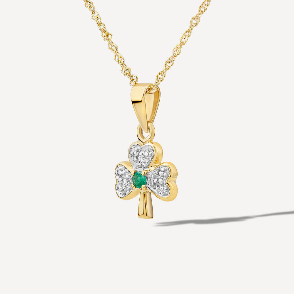 14ct Yellow Gold Diamond & Emerald Shamrock Pendant