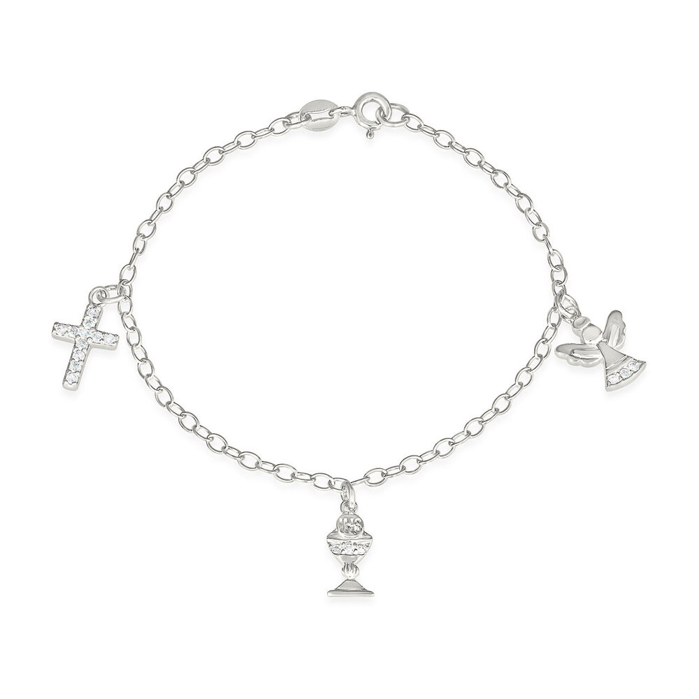 Sterling Silver and Zirconia Angel Chalice Cross Bracelet image number 0